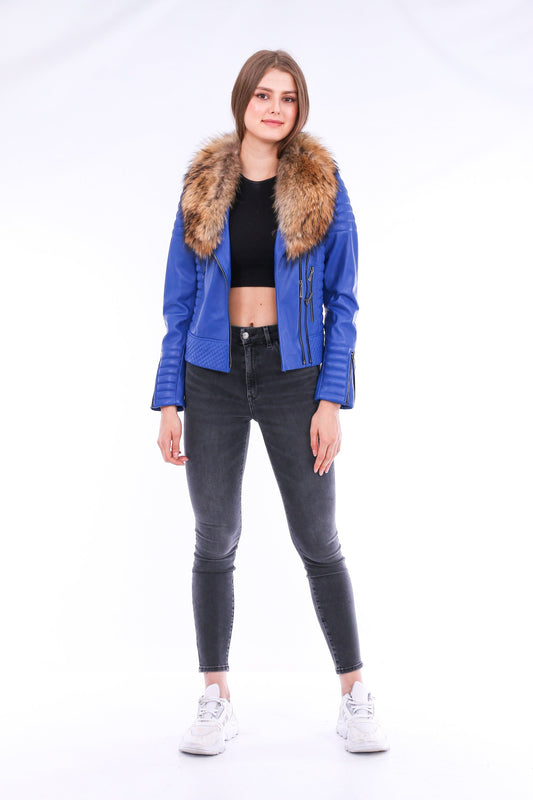 Milani Quilted Leather Biker Jacket - Blue